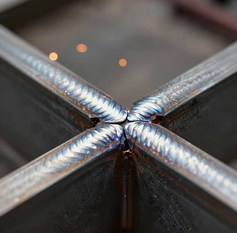 Extreme close-up of a flawless, continuous weld bead joining two thick structural steel channel beams, sparks in background.