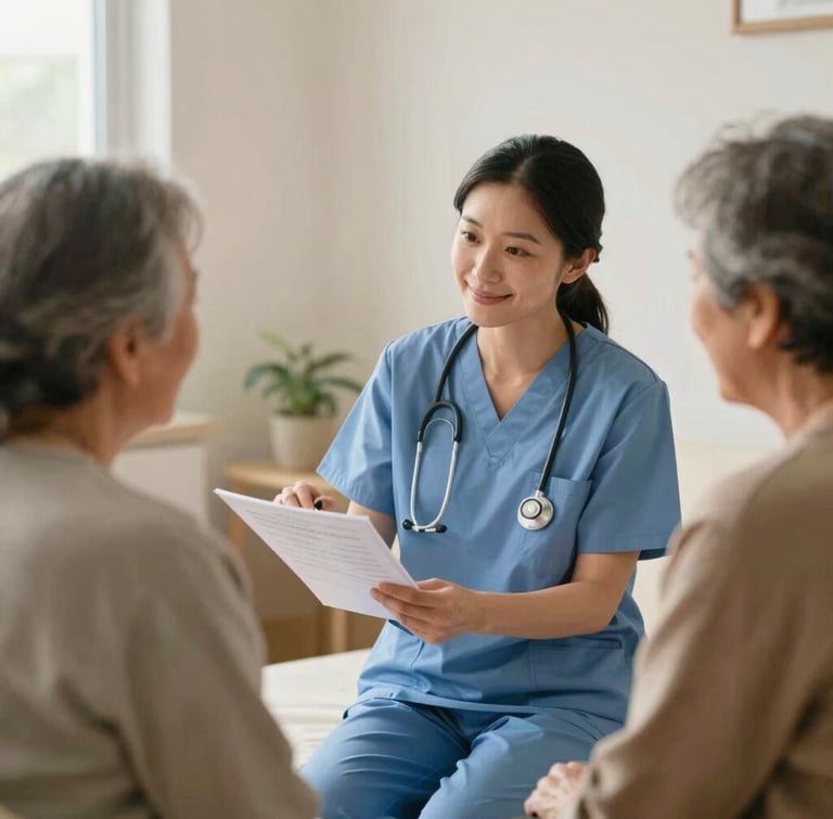 A local health worker in soft natural daylight, wearing scrubs, smiling gently while explaining a chart to an elderly patient in a warm community clinic setting.