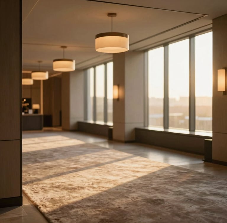 Warm editorial photography of a modern luxury hotel lobby, soft golden-hour window light, minimalist pendant lights illuminating warm taupe rugs, shallow depth of field, 35mm