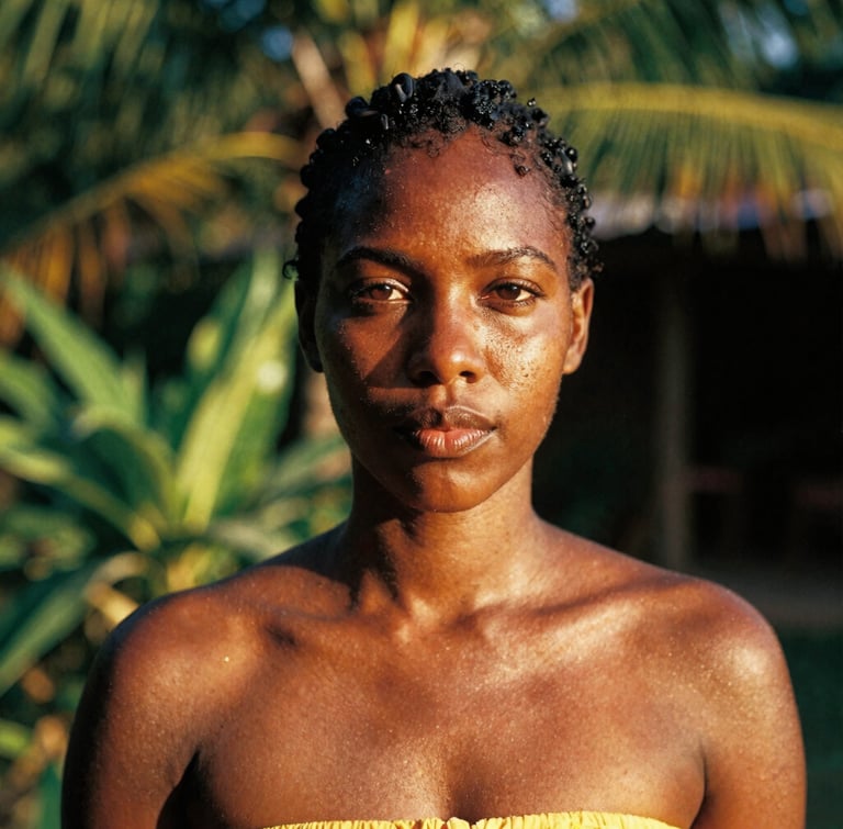 Intimate close-up portrait of a Jamaican agricultural entrepreneur in St. Elizabeth, high-contrast golden hour sunlight, rich saturated tones, 35mm film grain