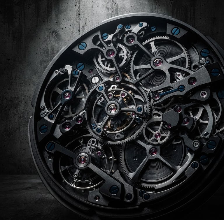 Extreme macro close-up of a YOUR TIME TO FLY watch face, showing intricate kinetic movement of the sculptural dial, harsh directional spotlighting, deep dramatic shadows, against a raw brutalist concrete wall. High contrast, dark tones.