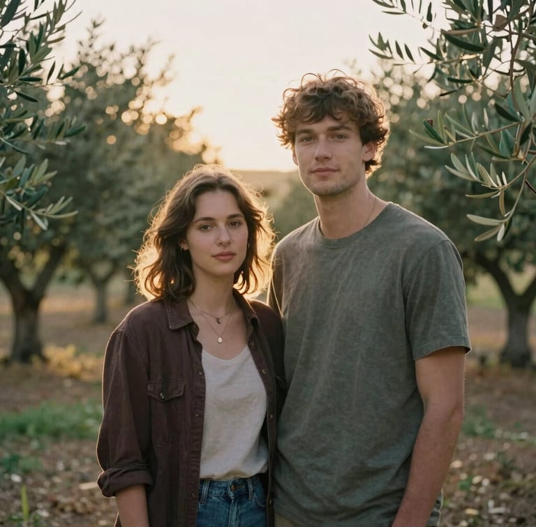 A quiet environmental portrait of a young couple standing together in a sun-drenched olive grove, warm golden hour light, soft focus background.