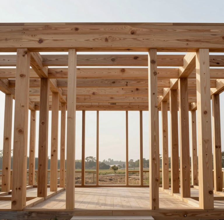 Straight-on architectural elevation of a massive raw oak structural frame under diffused morning daylight, clean joinery visible, generous negative space