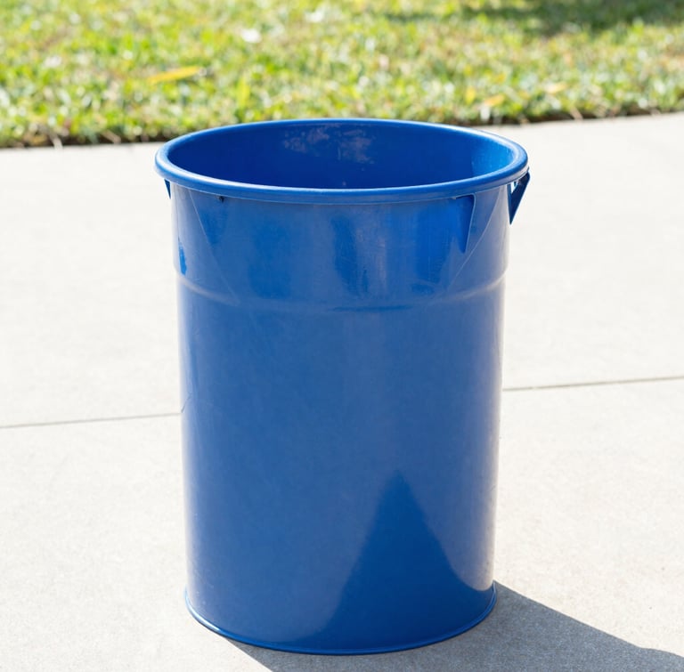 A sparkling clean blue trash can sitting on a sunlit Caldwell driveway, pristine sanitized interior, bright high-key morning light, 35mm