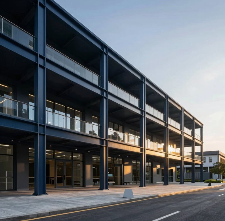 Wide-angle premium corporate photography of a modern high-tech architectural facility, natural daylight casting long gold shadows, deep navy steel structures, sharp medium format lens.
