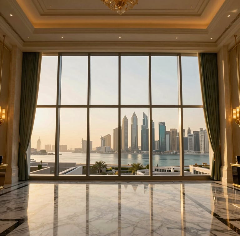 Symmetrical interior wide-angle of a luxury penthouse in The Pearl-Qatar, golden hour sunlight streaming through floor-to-ceiling windows, marble floors, gold fixtures, elite Doha skyline visible outside.