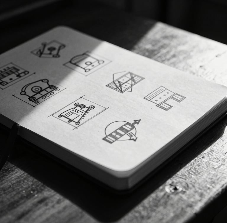 Close-up of a handwritten tactical notebook with chalk-like diagrams on a dark wooden table, dramatic chiaroscuro lighting, black and white, 35mm film grain.