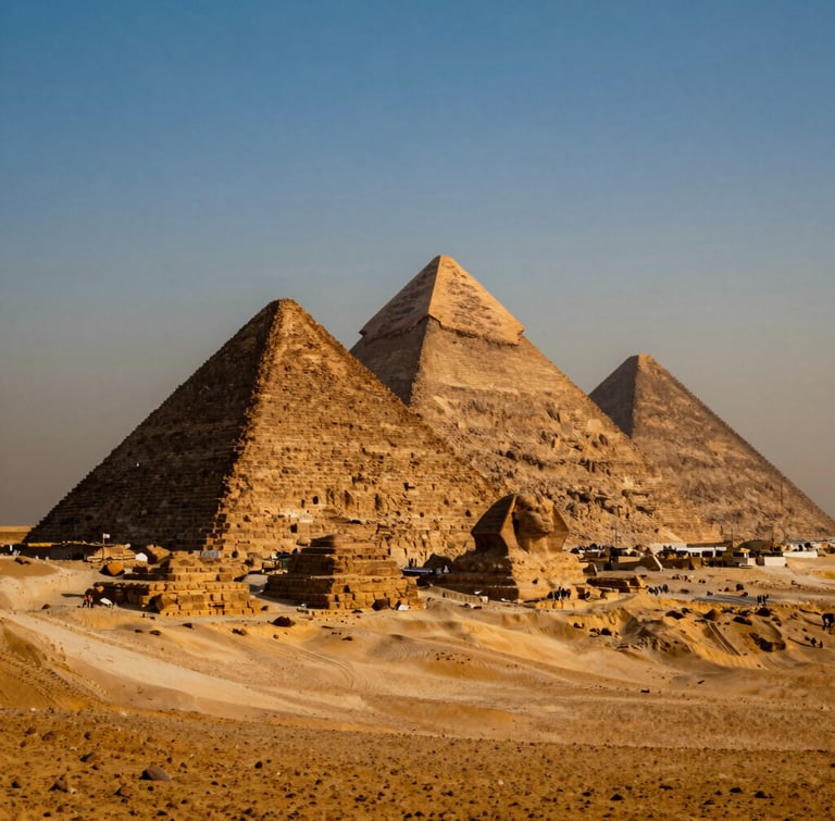 A majestic view of the Giza Pyramids shot from a low, uncrowded angle during golden hour, warm desert haze, rich terracotta tones, editorial travel photography.