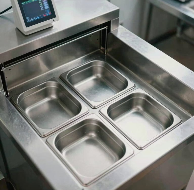 Overhead view of a stainless steel commercial prep station, sharp focus on organized holding pans and a digital expediter screen, cool bright lighting, geometric framing.