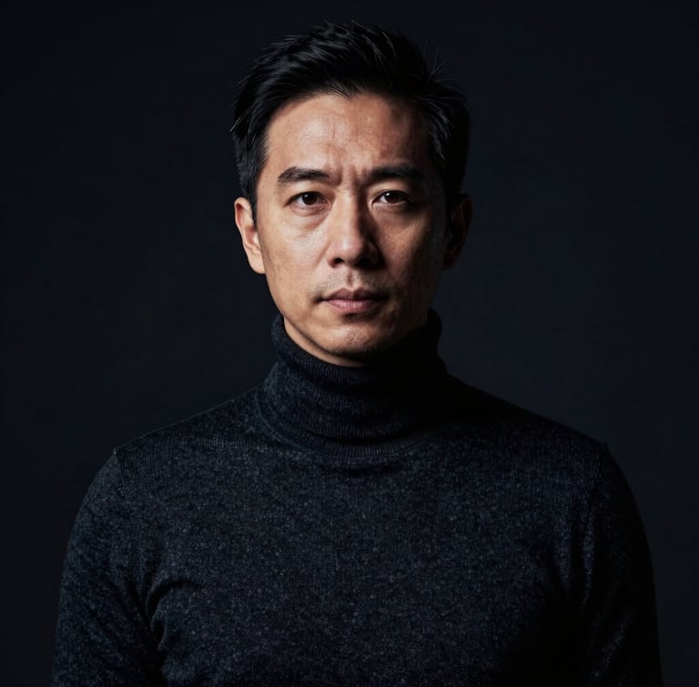 Tight dramatic portrait crop of a creative director in a dark turtleneck, Rembrandt lighting, deep shadows, looking directly into the camera, high-contrast, dark studio background