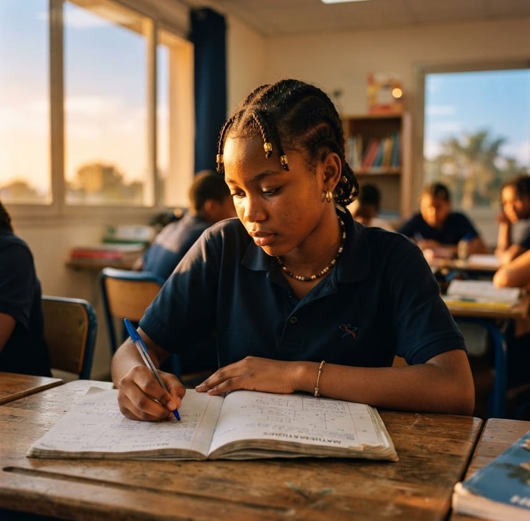 Low-angle portrait of a focused young Guinean student in a bright modern classroom, warm golden-hour sunlight streaming through a window, rich deep blue and gold tones, shallow depth of field, 35mm film.