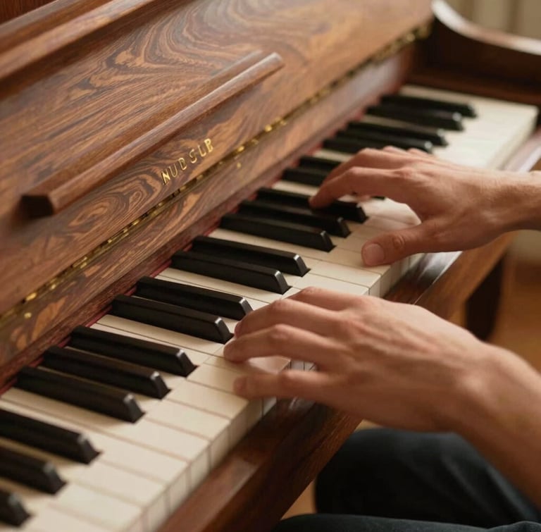 Close-up of hands playing a polished walnut upright piano, warm golden afternoon light catching the wood grain, intimate editorial framing.
