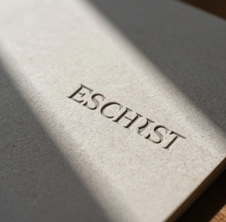 Extreme close-up of deeply embossed stationery on heavy neutral stone paper stock, hard directional natural light casting sharp geometric shadows.