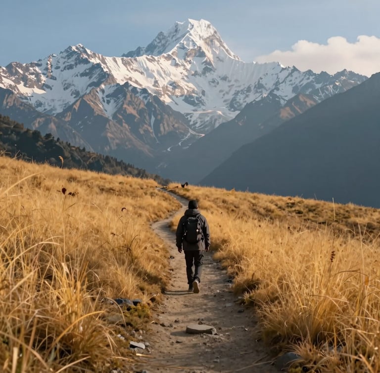 A single walker on a narrow dirt path cutting through a massive golden meadow in Garhwal, towering snow peaks of Nanda Devi rising in the distant hazy background under soft blue-hour light