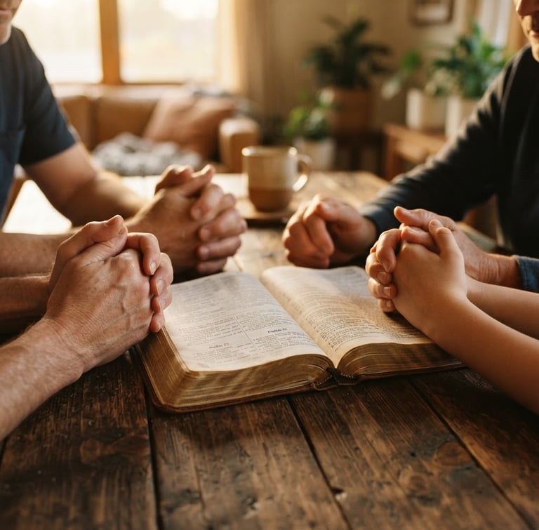 Warm editorial photography of hands held in prayer around an open Bible on a rustic wooden table, soft golden-hour natural light, shallow depth of field, 35mm
