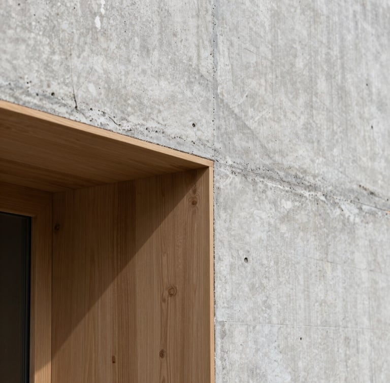 Close-up of raw textured concrete meeting warm oak wood with a sharp shadow line, diffused natural daylight, architectural detail shot.
