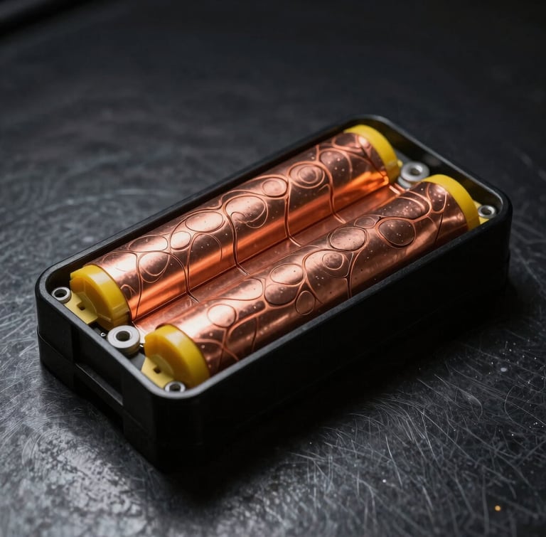 Technical cell engineering diagram of a lithium-ion battery pack, clean lines on dark steel background, highlighting copper heat sinks and impact-resistant polycarbonate casing, high-contrast lighting
