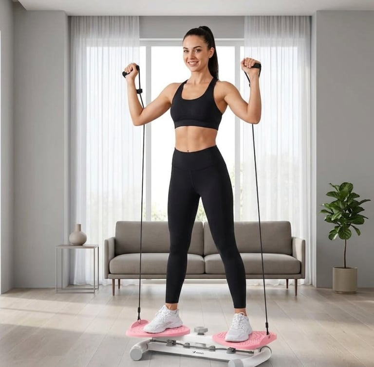 Woman exercising with resistance bands on a compact home ab-twist workout machine.