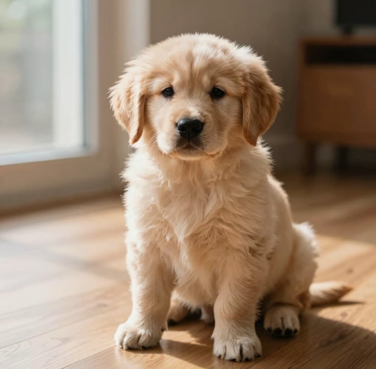 Close-up of an elegant Golden Retriever puppy sitting on a pristine wooden floor, soft natural morning light from a side window, shallow depth of field, warm and peaceful atmosphere.