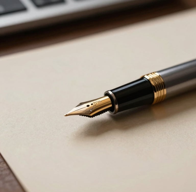 A close-up macro shot of a gold-nibbed fountain pen resting on heavy, cream-colored parchment paper, low-key dramatic side-lighting, shallow depth of field, New Delhi executive office setting.