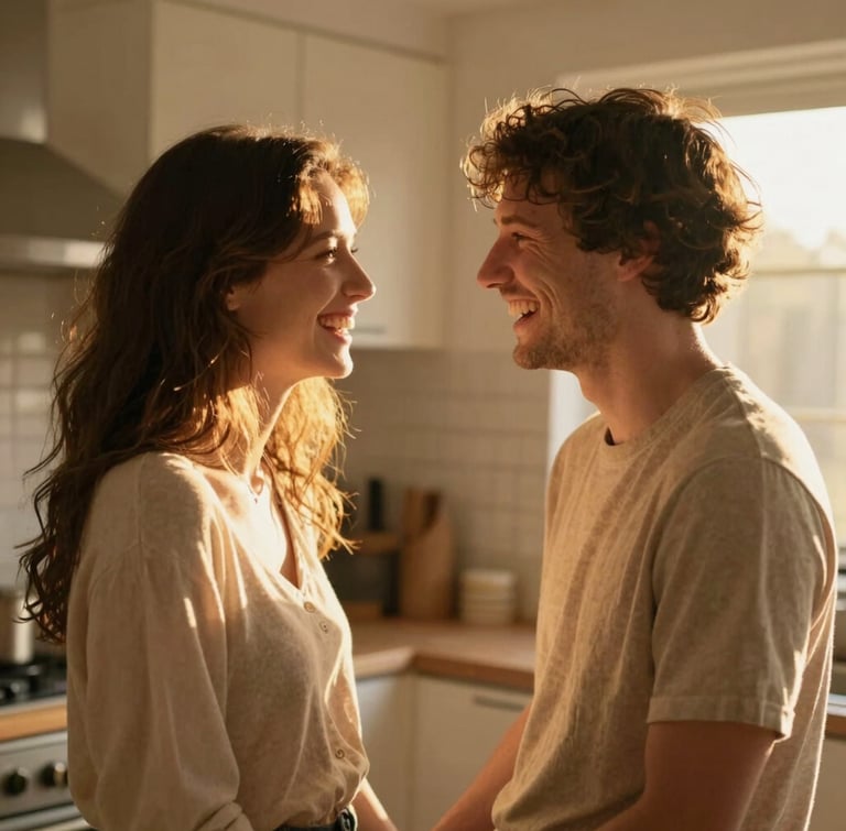 Candid portrait of a young couple laughing together in a warm, sunlit kitchen during morning golden hour, soft focus, organic feel.