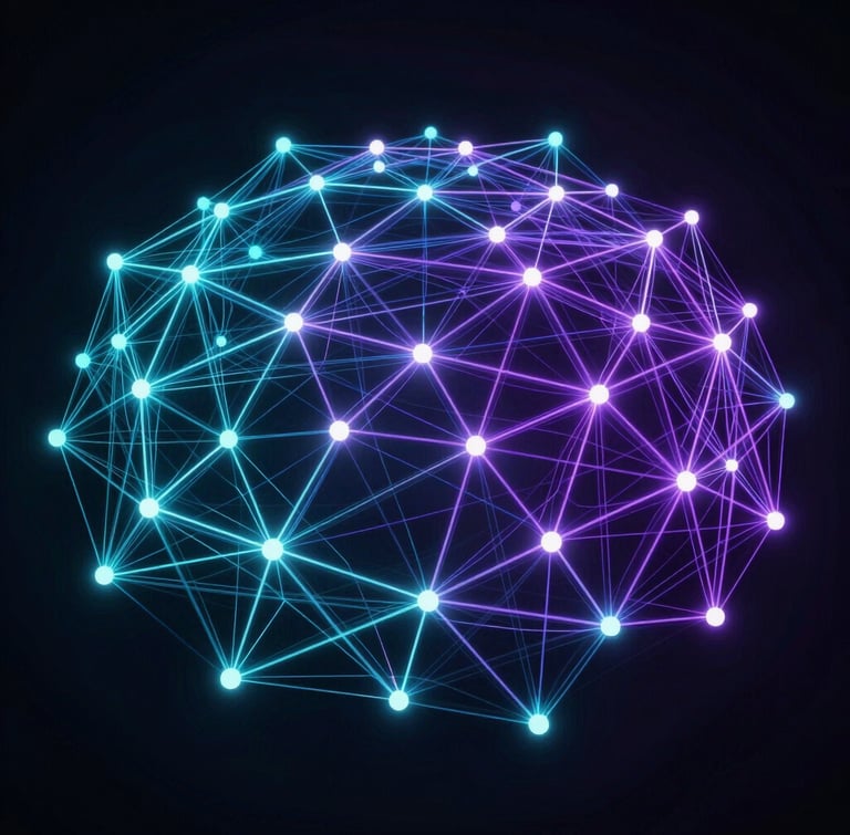Wide-angle abstract network visualization representing system-wide harmony, glowing neon-cyan and electric-violet data pathways connecting nodes, sharp technical details on a deep obsidian background.