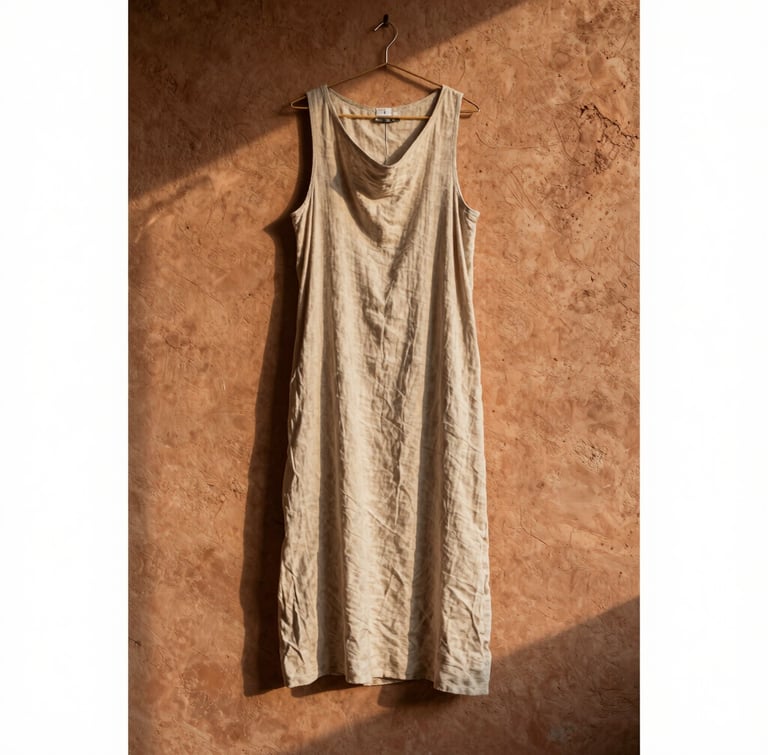 A vertical portrait of a draped natural linen dress hanging on a textured clay-terracotta wall, soft late-afternoon golden hour light casting gentle shadows.