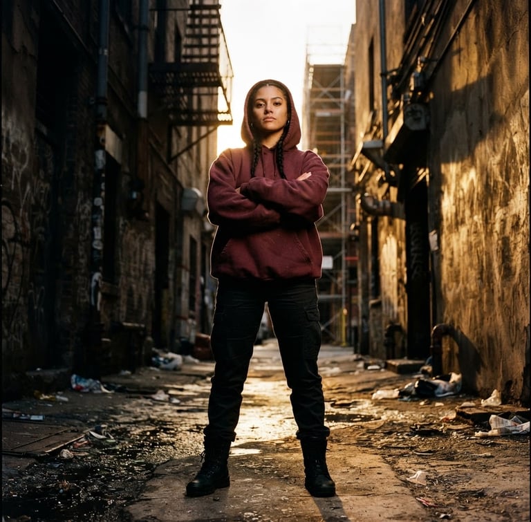 Low-angle portrait of a model in a heavyweight burgundy hoodie standing in a gritty concrete alleyway, dramatic golden-hour backlighting, high-contrast shadows, 35mm film.