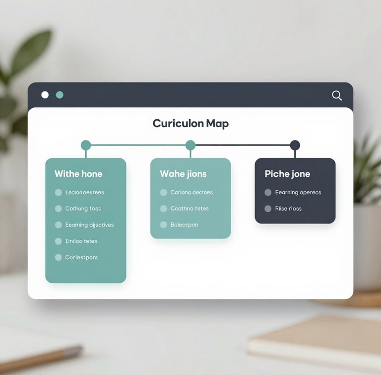 A clean, modern user interface mockup of an interactive curriculum map, showing nodes connecting learning objectives to weekly assignments, slate-teal and charcoal accents