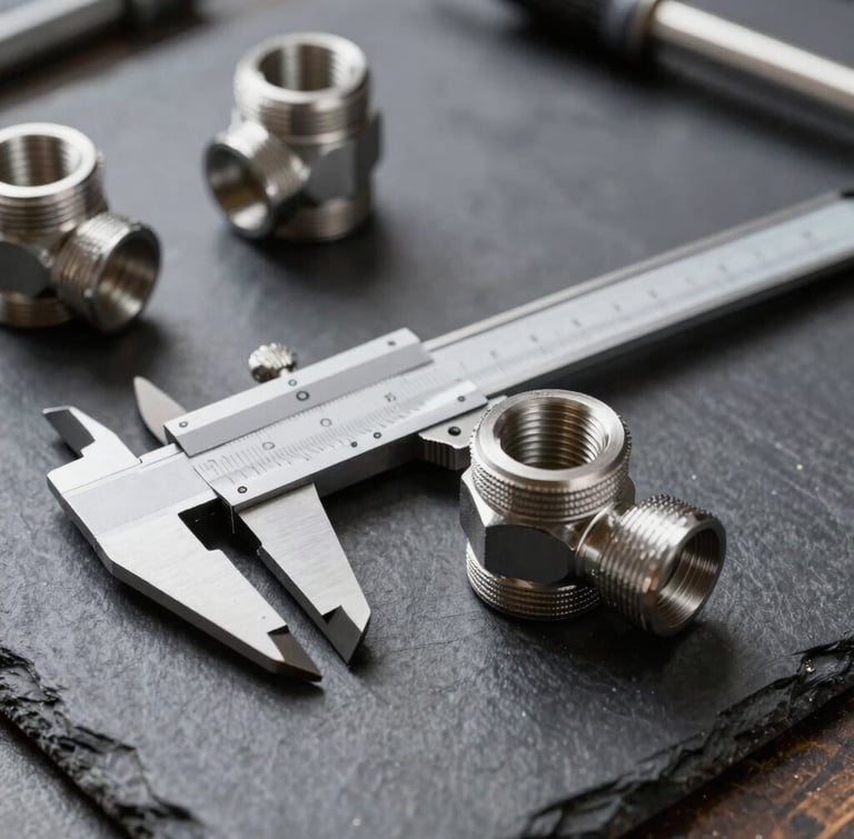 Close-up of industrial steel pipe fittings and calipers on a dark slate workbench, sharp focus, dynamic lighting, professional workshop environment
