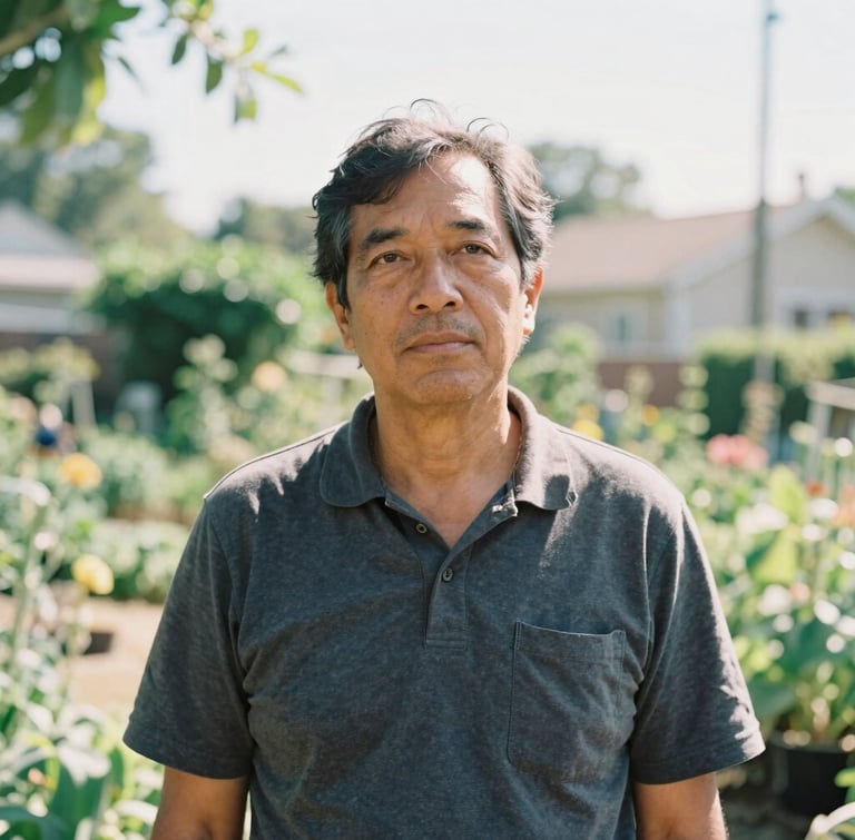 A warm documentary portrait of a local community leader in a sunlit neighborhood garden, looking thoughtfully off-camera, soft natural daylight, 35mm