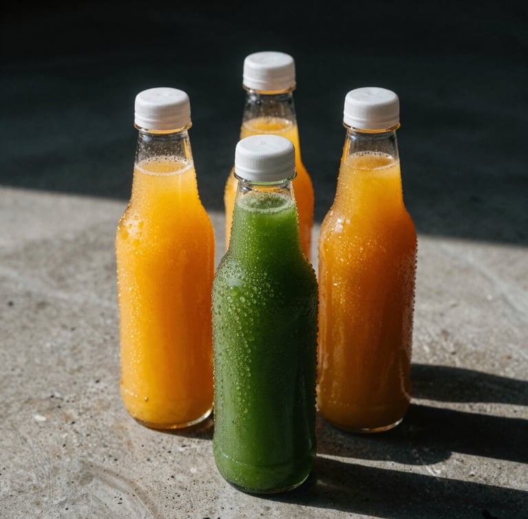 A portrait shot of three condensation-beaded juice bottles on a raw concrete surface, sharp key light highlighting vibrant orange and deep green liquids, dramatic shadows, athletic aesthetic.