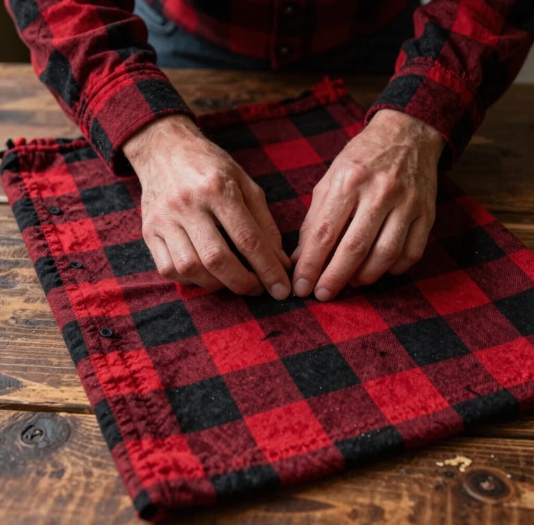Hands carefully laying out a pattern on a worn red and black flannel shirt, natural low-contrast light on a rustic wooden table.