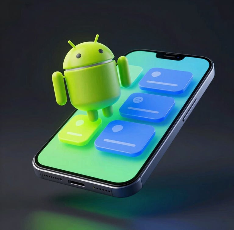 A high-fidelity 3D render of a sleek Android device floating in a dark studio, screen glowing with vibrant neon-green and electric-blue interactive widgets casting soft physical shadows, macro depth of field.
