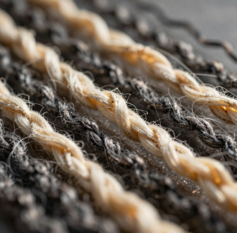 Macro shot of individual warp and weft threads, raw bone and charcoal fibers catching late afternoon sun.