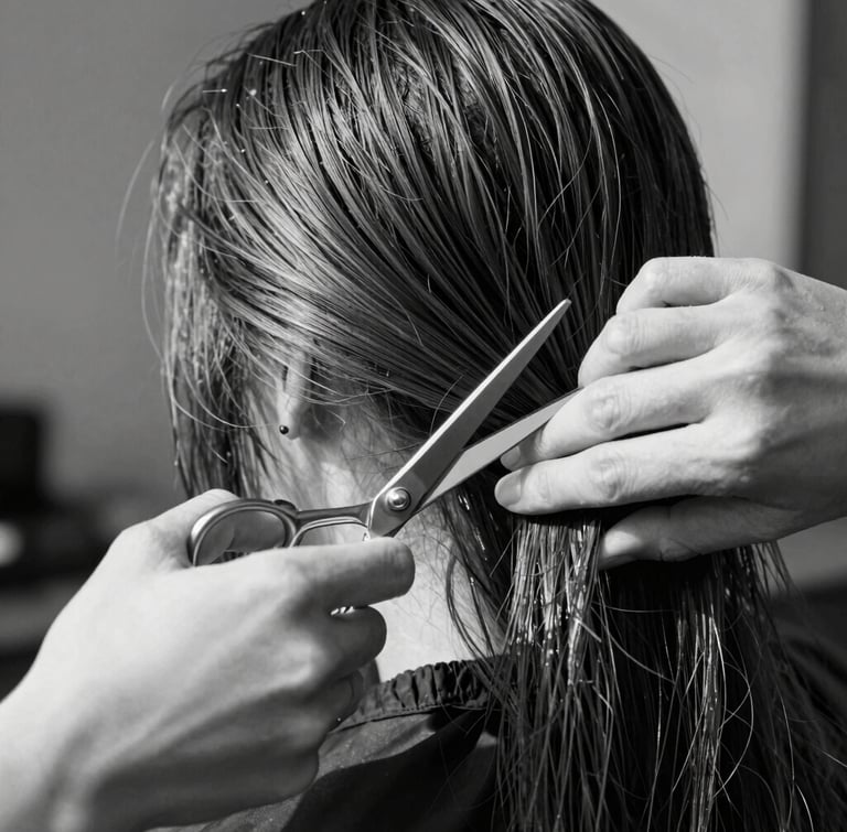 High-contrast black and white portrait of a stylist's hands mid-motion, executing a precise scissor cut on textured hair, soft directional north-facing daylight.