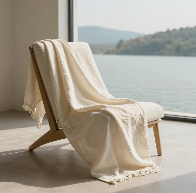 Soft diffused daylight falling on a perfectly smooth linen throw draped over a minimalist lounge chair in a lakeside home, warm cream tones, quiet negative space.