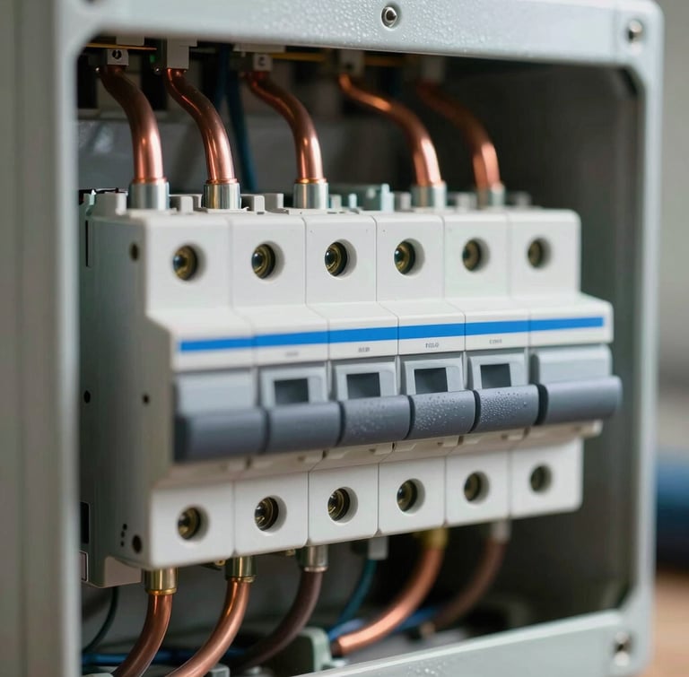 Macro close-up of newly wired breaker panel, perfectly aligned copper conduits, crisp work-site lighting, high contrast