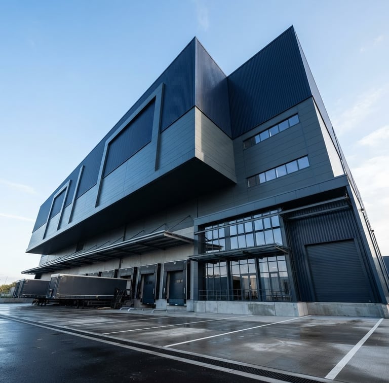 Architectural low-angle shot of a modern, clean logistics hub facade under clear morning light, deep navy and slate tones, premium industrial aesthetic, 35mm