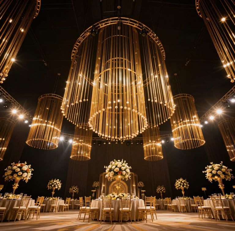 Dramatic low-angle shot of a grand ballroom setup in Dubai, massive golden lighting rigs hanging from high ceilings, opulent floral centerpieces, anamorphic lens flare.
