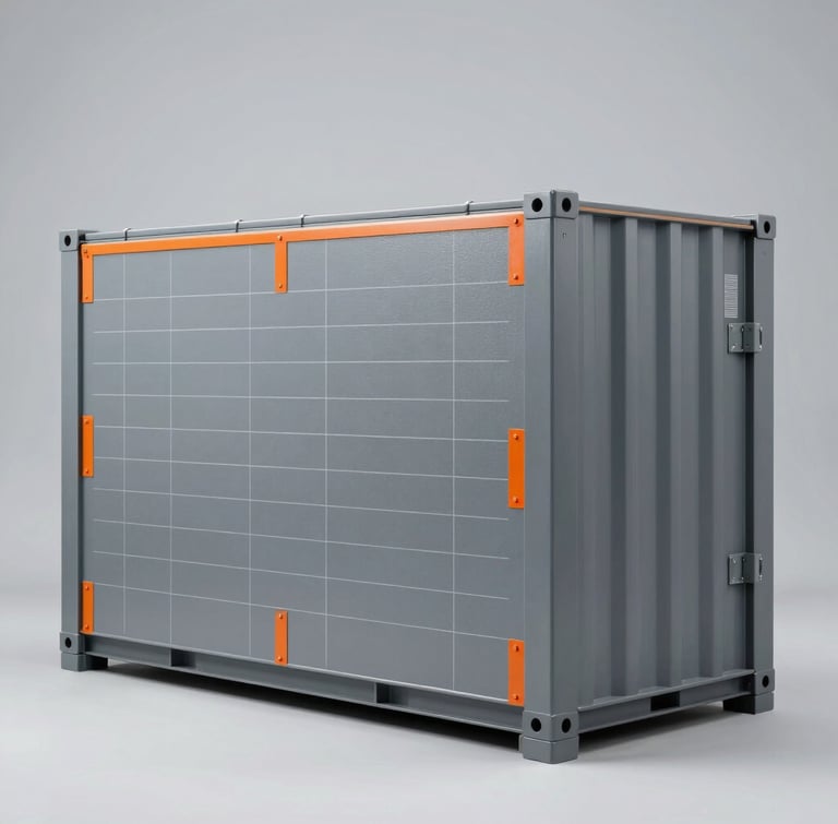 Straight-on studio photography of a massive matte-gray containerized utility battery unit with safety-orange structural accents, crisp technical grid lines, 50mm lens, cool laboratory lighting.