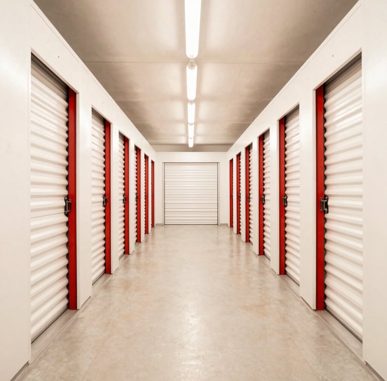 Symmetrical wide-angle architectural photograph of a bright, clean, well-lit self-storage facility corridor. Symmetrical composition showing rows of pristine white storage unit doors with deep red accents, warm overhead interior lighting, sharp focus, professional editorial style.