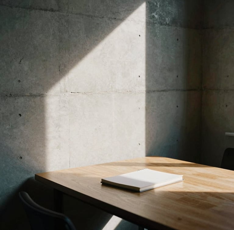 Tight architectural crop of a minimalist concrete office corner, sharp diagonal shadow from a high window cutting across a warm oak table, a single physical notebook resting on the surface, low-key side lighting, editorial film photography style.