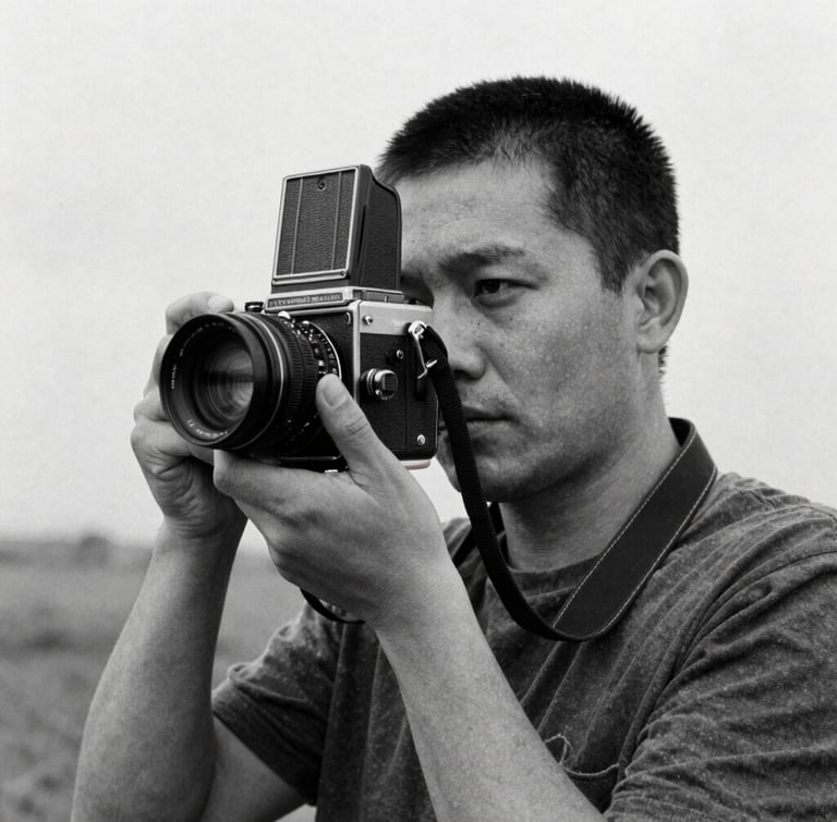 A candid, high-contrast black and white portrait of a photographer holding a medium-format camera, natural overcast daylight, gritty film grain, looking away from the camera.