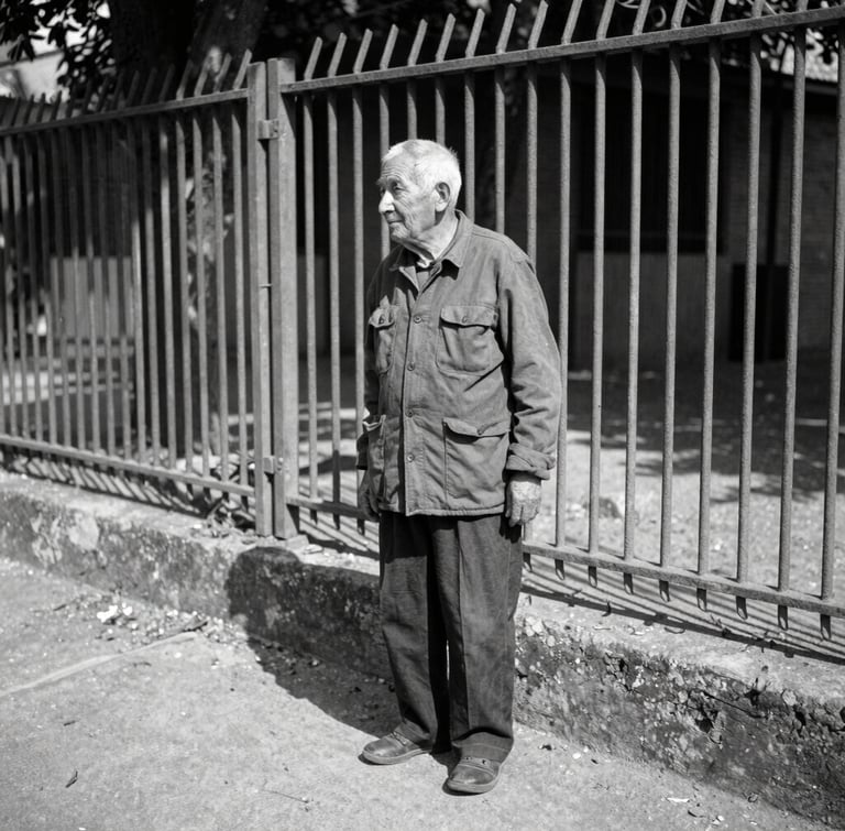Documentary photo of an elderly resident standing near a weathered steel fence, harsh midday sun, sharp shadows on concrete, 35mm grain.