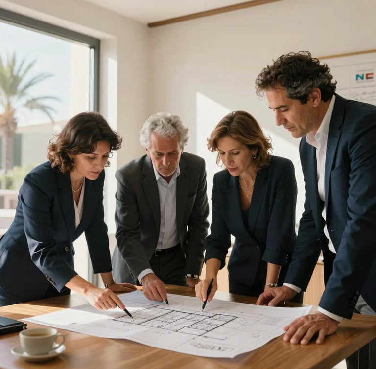 Candid portrait of the founding family team of NEA Residencial in their physical office in Valencia, reviewing architectural blueprints, warm natural light, professional and approachable atmosphere, editorial 35mm