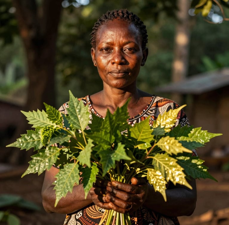 Dignified natural-light portrait of a Beninese herbal practitioner holding fresh medicinal leaves, deep shadows, warm golden-hour highlights reflecting off green foliage.