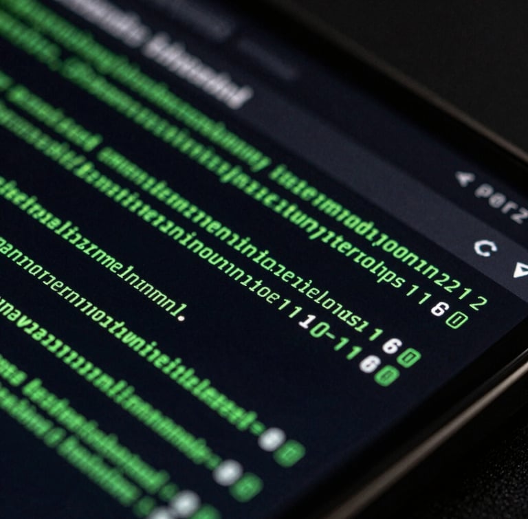 Extreme close-up macro shot of a physical Android screen displaying high-contrast terminal-style document schematics, sharp green vector lines on deep black, dramatic studio lighting with deep shadows.