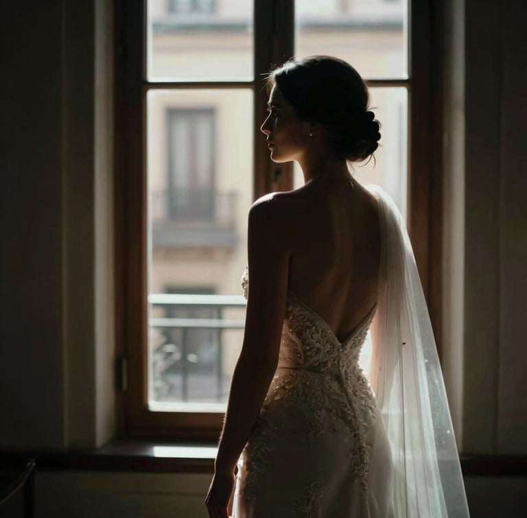 Cinematic portrait of a bride from behind, motion blur, looking out a tall window in Madrid, dramatic high-contrast natural light, deep shadows, rich film grain.