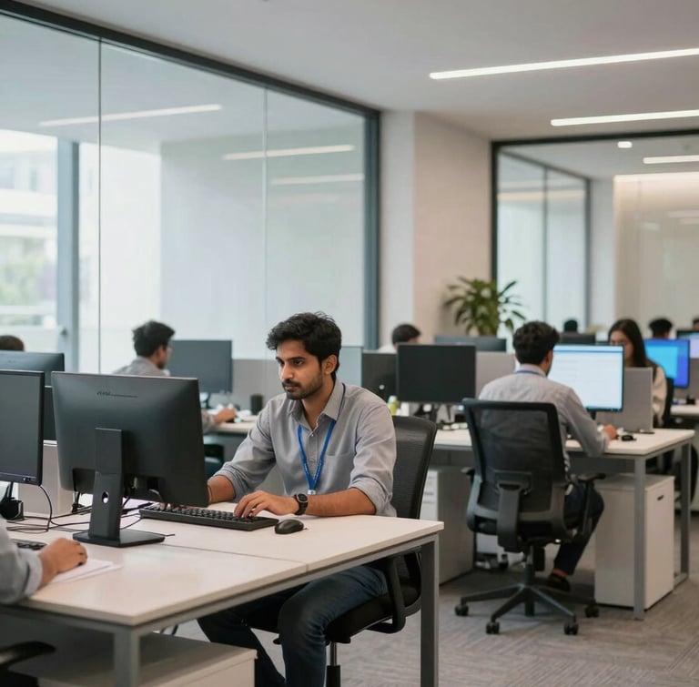 A wide-angle photography shot of a professional South Asian software engineer working in a modern, brightly lit office in Lahore, featuring clean glass partitions and subtle purple lighting accents.